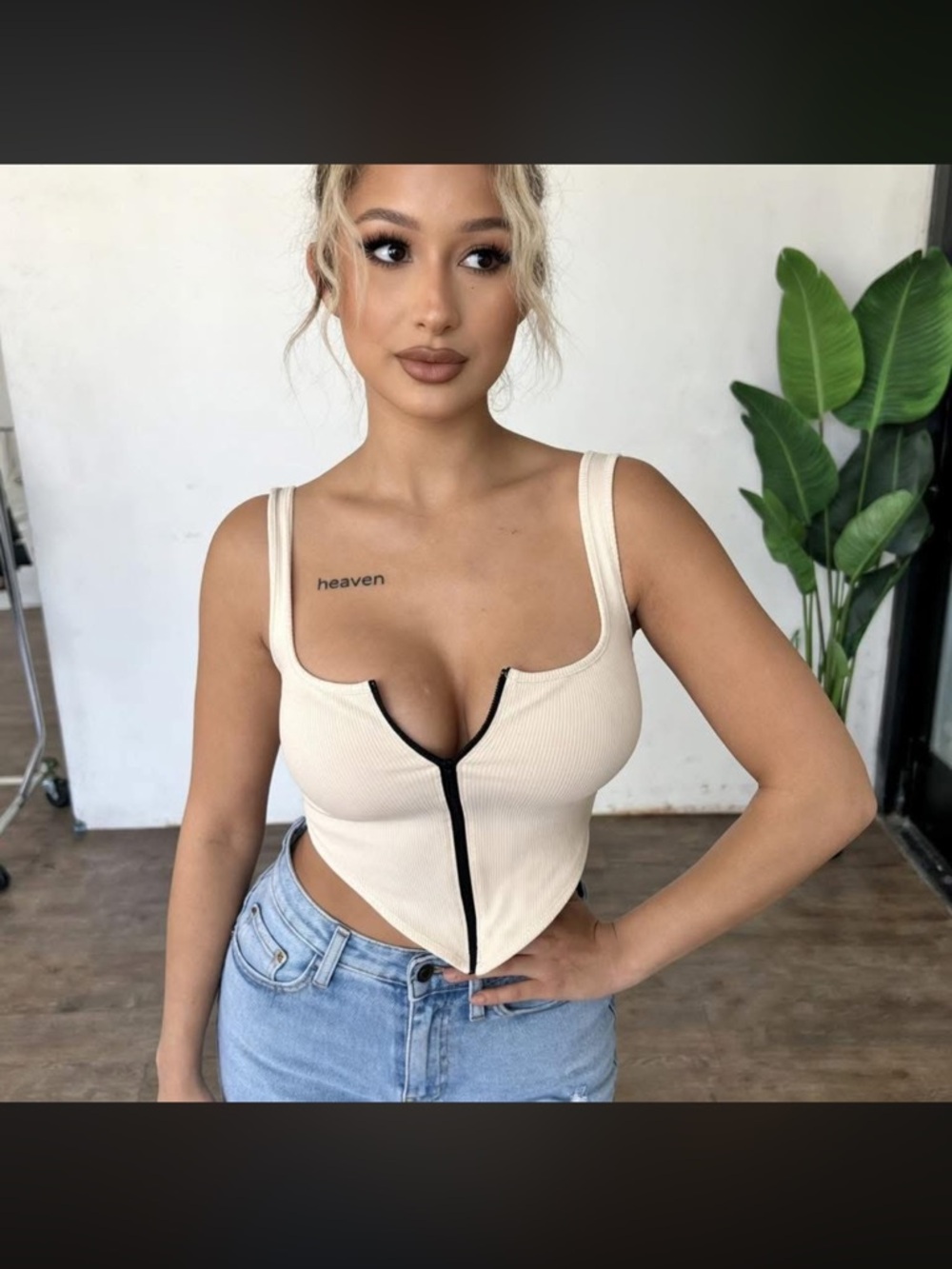 Ribbed Cream Zip-Front Tank Top